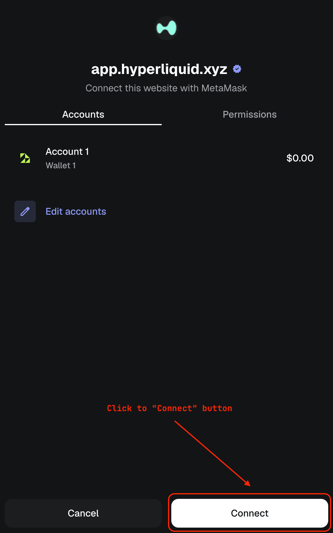 Click the connect entry point on HyperLiquid