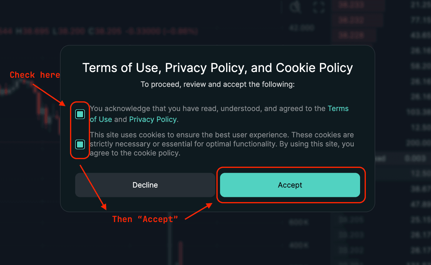 Review the HyperLiquid terms prompt