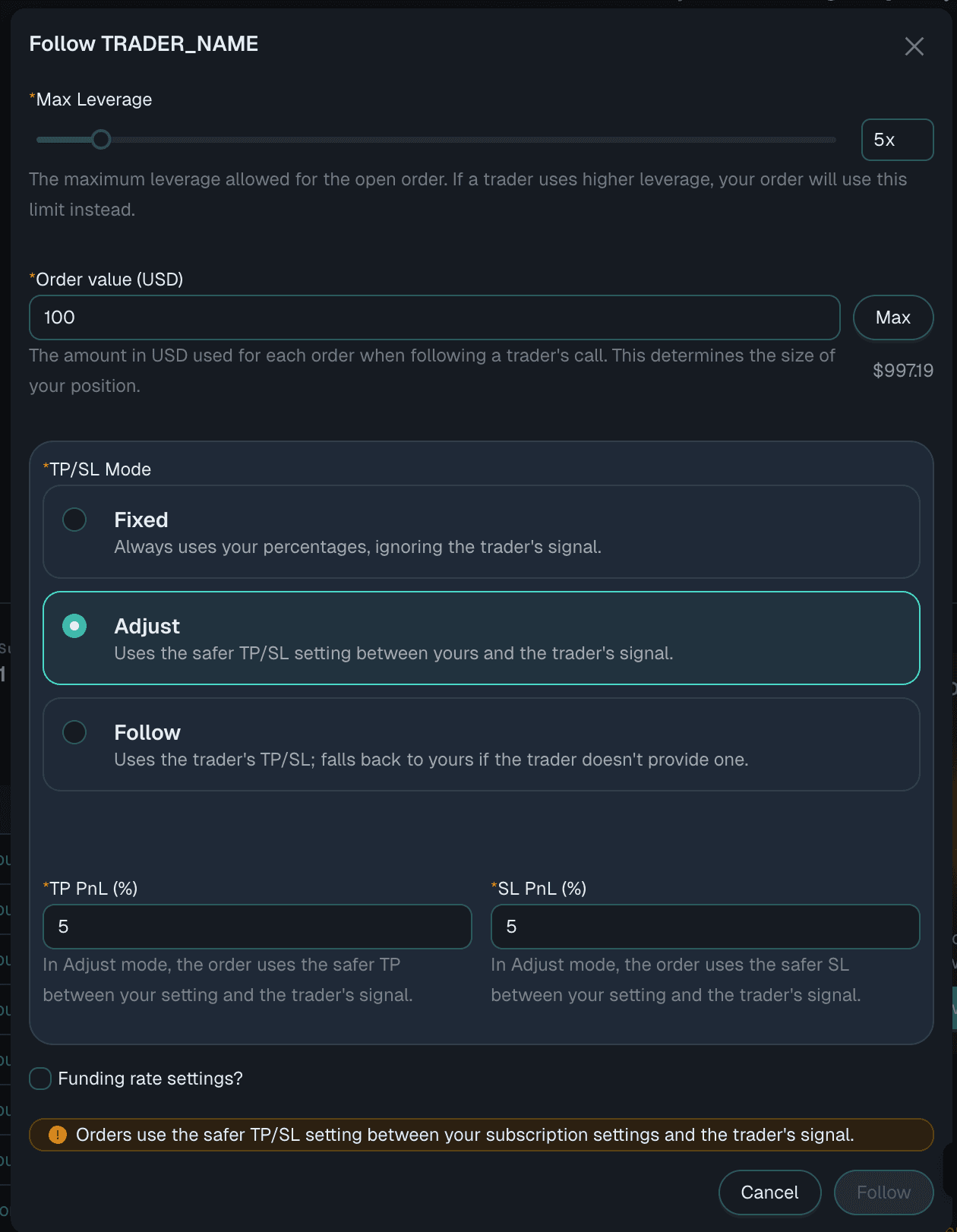 Review the trader settings before following
